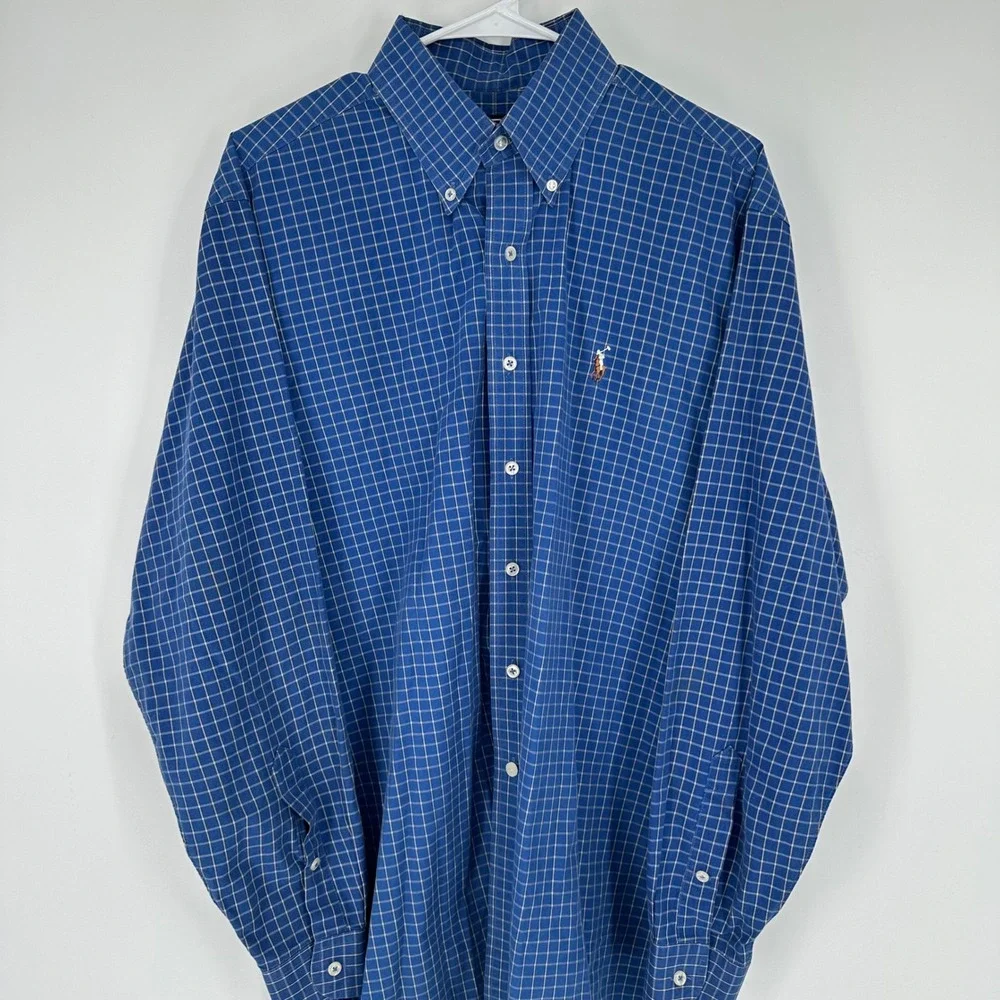 Polo Ralph Lauren Blake Mens 16.5 Blue White Check Button Down Shirt Long Sleeve